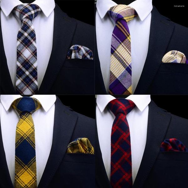 Papillon Ricnais Cotton Plaid Slim Tie Set per uomo 6cm Skinny Neck Fazzoletto Mens Red Blue Yellow Cravatta Wedding Party