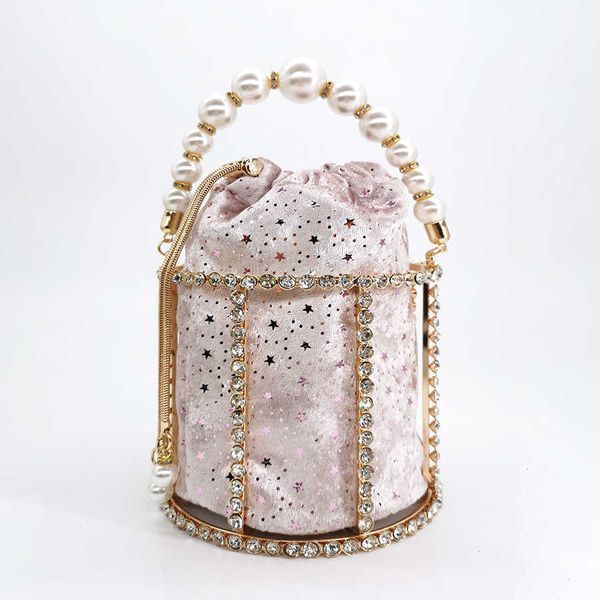 Totes Hollow Out Pearl Bucket Evening Bag Women Luxury Designer Korean Handmade Alloy Clutch Metallic Ladies ombro S 230509