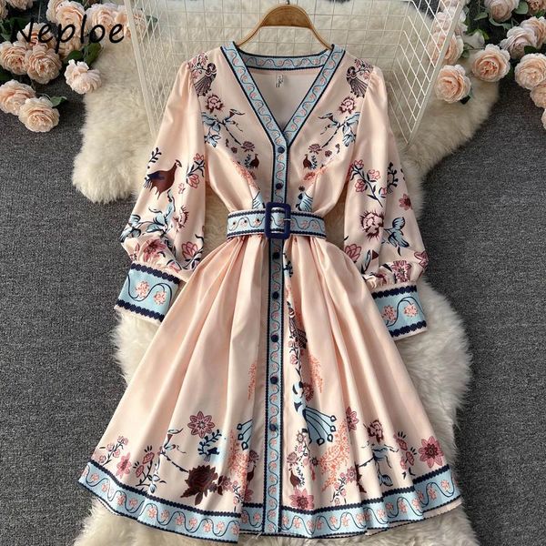 Abito Neploe Court Style Retro Print Vestido Highend Fashion Scollo a V Manica lunga Monopetto Femme Robe Vita Abito corto sottile