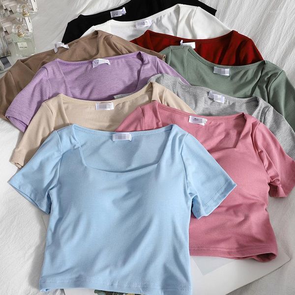 T-shirt da donna HELIAR T-shirt casual da donna Reggiseno integrato Top corto carino Maniche corte Lavorato a maglia per Slim Solid Summer 2023