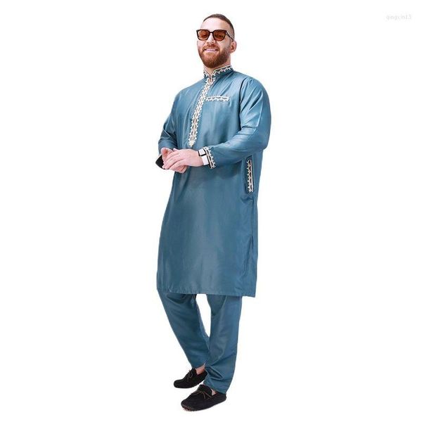 Abbigliamento etnico Moda Musulmano Uomo Retro Musulamne Boubou Uomo Top Pantaloni Set Abaya Dubai Luxury Stand Collar Manica lunga Kaftan Qamis