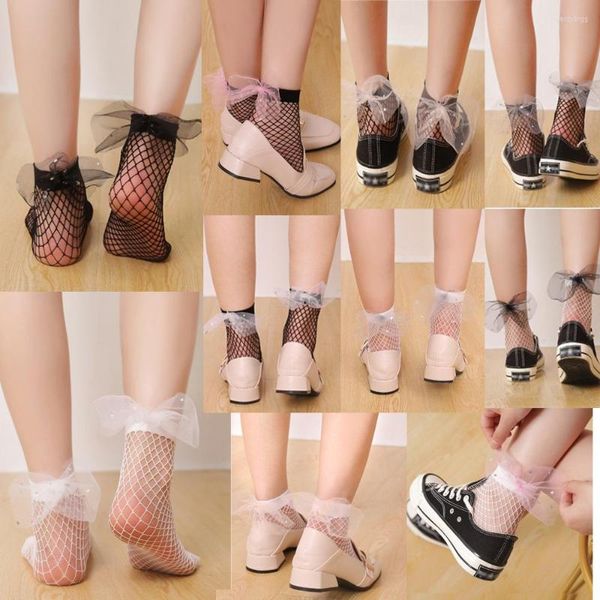 Damensocken DOIAESKV Mode Damen Harajuku Schwarz Mesh Kurze Knöchelgitter Netzstrümpfe Sexy Schleife Lustige Damen im Netz