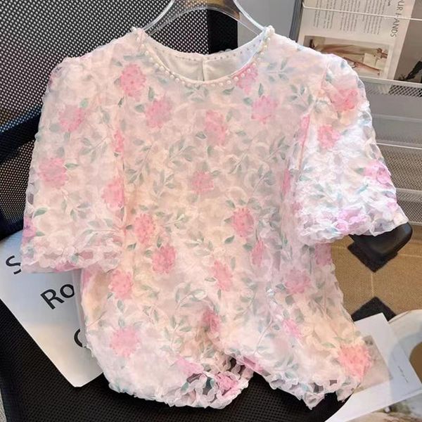 Frauen Blusen 2023 Sommer Perlen Perlen Blume Organza Shirts Frauen Mode Lässig Lose Puff Kurzarm Oansatz Rosa Damen top