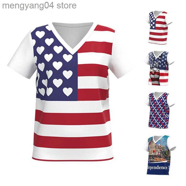 T-shirt da donna 2023 Estate New US Independence Day Abbigliamento Bandiera USA 3D Stampa digitale T-shirt allentata da donna con scollo a V T230517