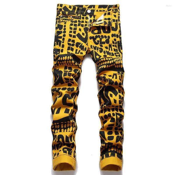 Jeans masculinos cartas de letras imprimidas y2k amarelo impressão digital calça jeans de streetwear calças cônicas finas