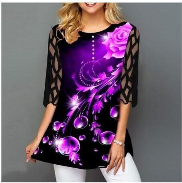 Женские блузкие рубашки плюс размер рубашка 5xl Блузя Женские весенние летние топы oneck с кружевным принтом сплайсинга для сплайсинга Boho 230517