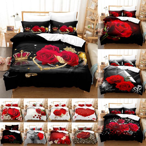 Set di biancheria da letto Set copripiumino con rose rosse Queen Size King Set completo 3D Federa per fiori Trapunta Lenzuola Letto matrimoniale singolo 220x240 200x200 230517