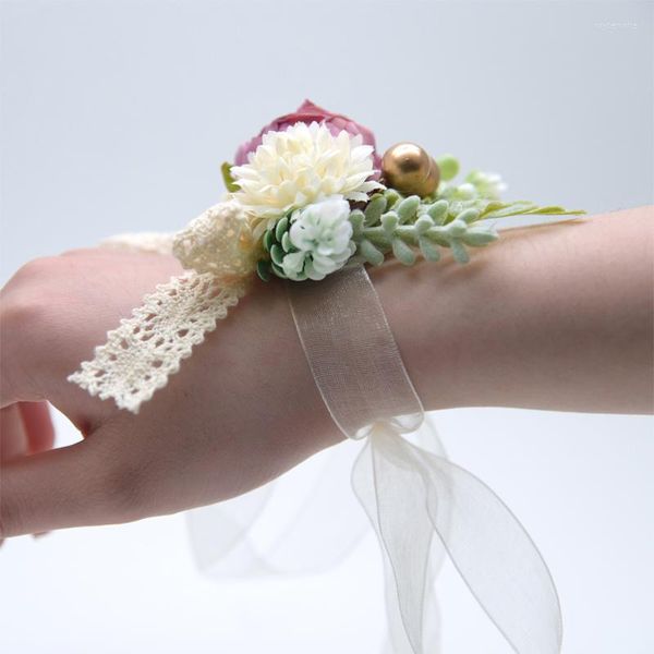 Charm-Armbänder, Brautjungfern-Armband, Hochzeitskorsage, Polyesterband, Rosenblumen, Perlenschleife, Bridel-Geschenke, Handgelenk-Accessoires