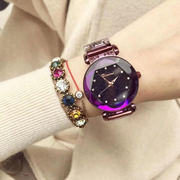 Relógios de pulso Dimini Watch Collection Women Womel Flat redondado aço inoxidável com gama Japanese Japanese Starry Design