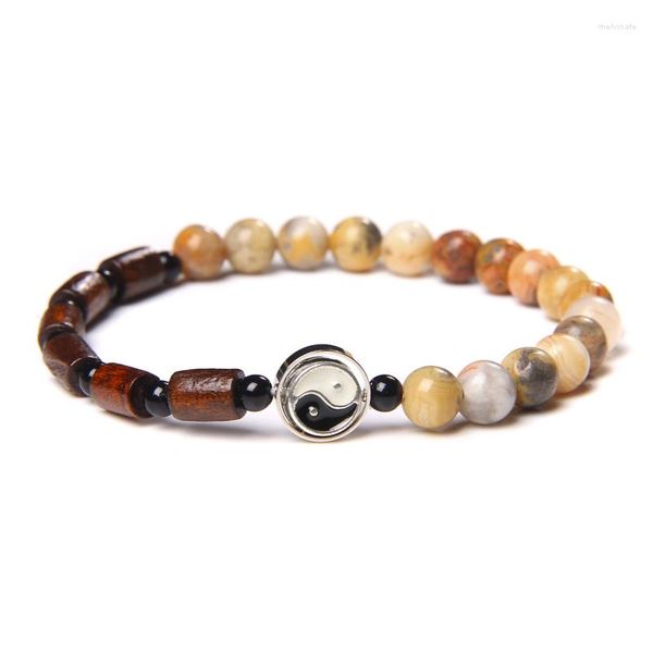 Strand Tubo Red Wood Charme Bracelets Homem Natural 6 mm Crazy Agat Stone Stone Bangle Yin Yang Jóias Pingentes Mulheres feitas à mão Pulsera