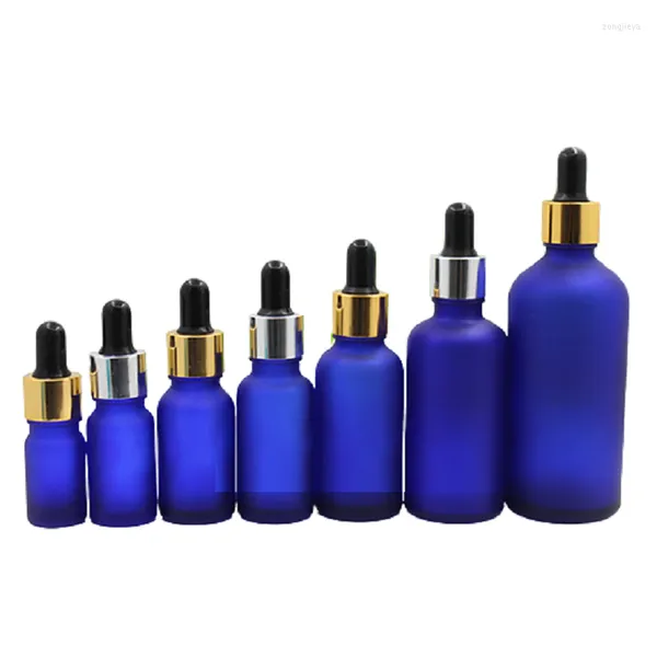 Bottiglie di stoccaggio Fiale di olio essenziale Riutilizzabili Imballaggio cosmetico in vetro blu gelo 5ml10ml20ml30ml50ml100ml Contagocce in gomma per emulsione Esscnce