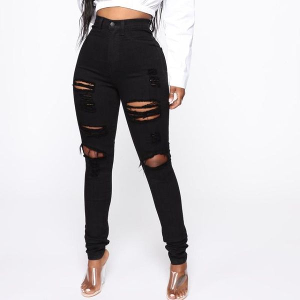 Jeans Weibliche Schwarz Bleistift Hosen Mode Hohe Taille Elastizität Dünne Dünne Frauen Knie Loch Quaste Streetwear Klassische Denim Legging 2022