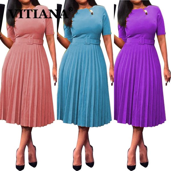 Vestido vitiana women office senhora vestido plissado verão 2021 fêmea de manga curta oneck purple midi vestidos femme ol vestidos com cinto