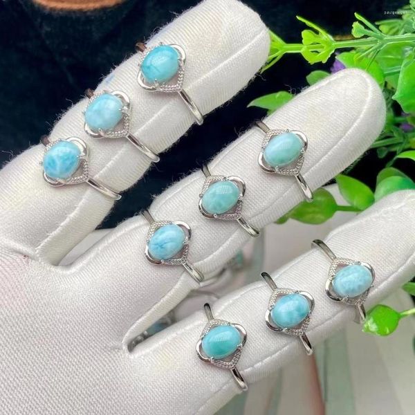 Ringos de cluster 1pc Jóias naturais de anel de pedra Larimar para mulher Man Silver Silver 8x6mm Mistorias de água Padrão Gemtone Ajustável