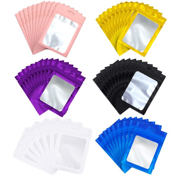 Só de jóias 50pcs colorido mylar sacolas ziplock penduradas com janela transparente para exibir embalagem de exibição Bolsa de folha reutilizável auto -selagem 230517