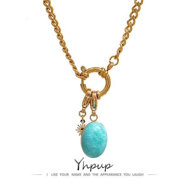 Conjuntos de jóias de casamento yhpup aço inoxidável azul natural colar de pedra de pedra natural colar de colar à prova d'água Delicate Collier para mulheres 230517