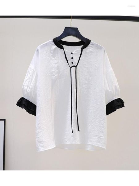 Camicette da donna Lamptrip Colletto arricciato unico Fusciacca Fiocco Manica corta Cotone stile francese Camicia Mori Top 2023 Estate