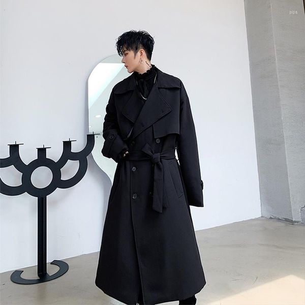 Männer Trenchcoats Langer Mantel Männer Koreanischer Stil Lose Jacke Frühling Herbst Zweireiher Gürtel Feste Windjacke Lässige Jaqueta Masculina