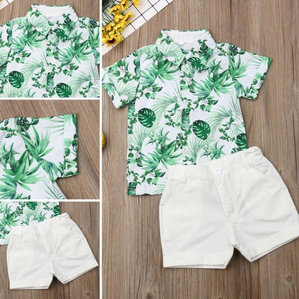 Комплекты одежды из 2 предметов, комплект одежды для маленьких мальчиков, летняя рубашка с короткими рукавами и листьями, рубашка джентльмена, топы, шорты, официальная одежда