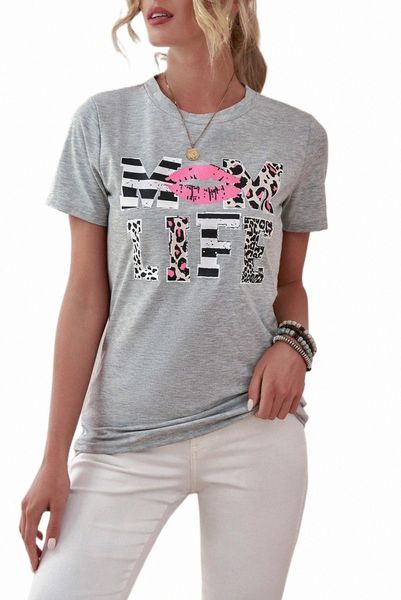 T-shirt grigia con labbra mamma vita leopardata 2023 Hot New o0Mz #