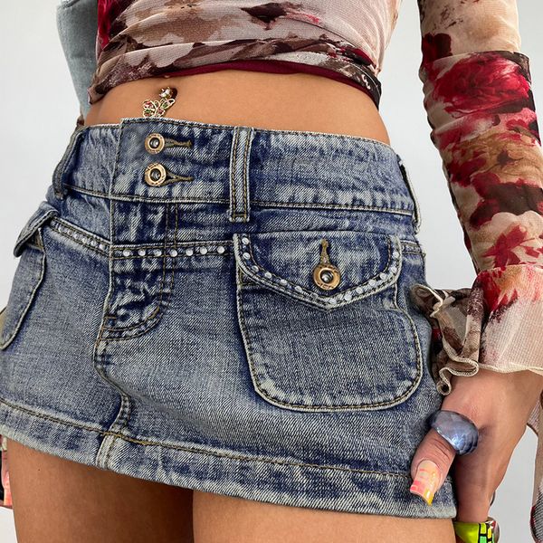 Saias Y2K ROK mini jeans jeans Bodycon bungkus kurus lucu corea estetika 230517