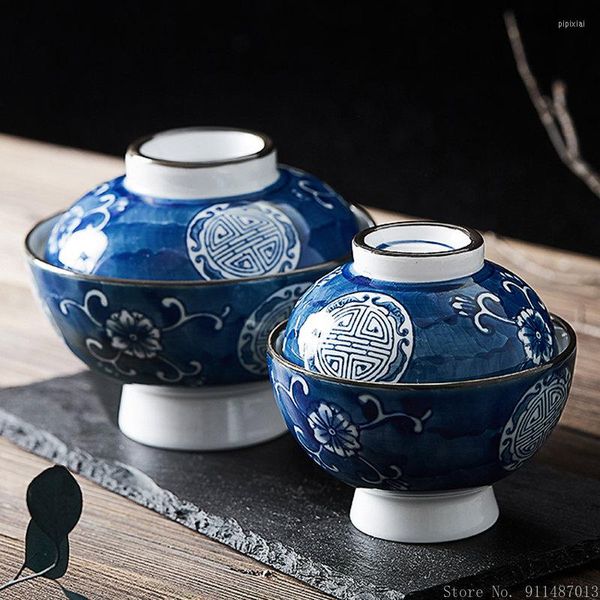 BOILS PRONTRATIVO CHINE CRIVENTE AZUL BRANCO BRANCO PADRÃO COM CAPA TIRA CERAMICA CERAMICA O ovo no vapor de sobremesa de arroz cozido Copo Especial de Tableware