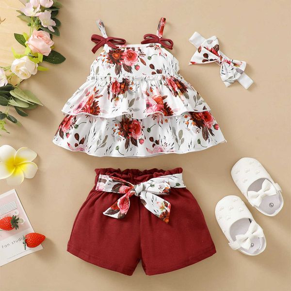 Set di abbigliamento Pantaloncini per bambina Set Cinghie Stampa fragola/foglie/fiori Canotta Pantaloncini elastici in vita e fascia per capelli 0-24 mesi