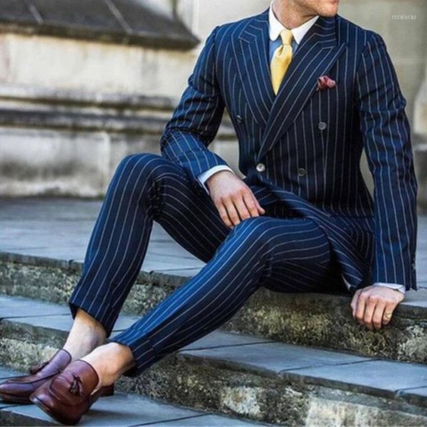 Ternos masculinos Pinstripe Slim Fit Men para namorado com calças de casca de fashion de fashion de fashion de peito duplo de 2 peças