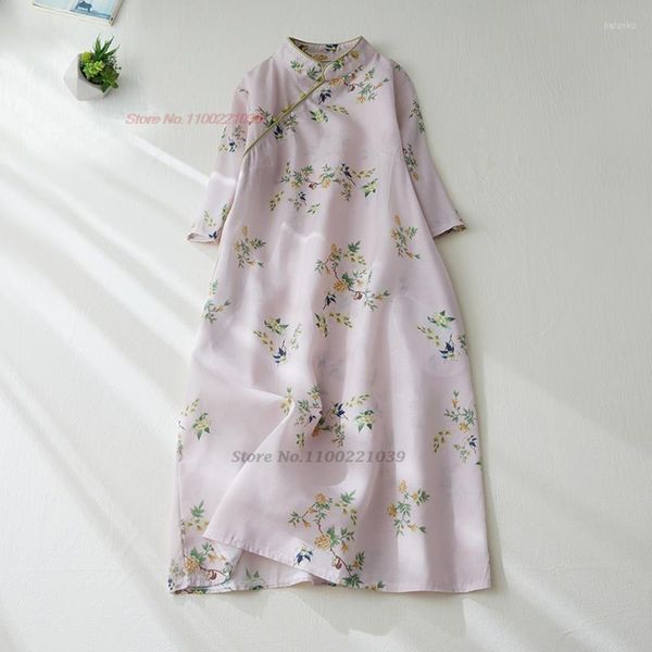 Этническая одежда 2023 Традиционный китайский традиционный Qipao Vintage Flower Print Cheongsam Элегантный хлопковой льня