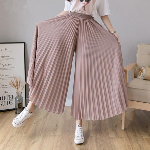 Capris verão novo fino chiffon plissado wideleg calças femininas preto branco cintura alta elástico solto sólido casual praia senhoras culottes