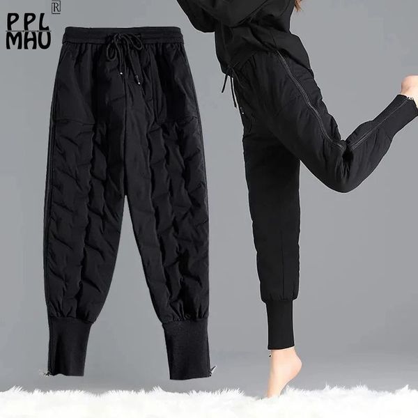 Capris Streetwear Panelli invernali caldi Women Trend Black High Wasit Snow Wear Pants Pants Design Side Zipper Pantalones di cotone spesso