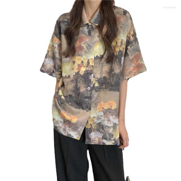 Blusas femininas 2023 camisa de manga longa Mulheres recusar colarinho básico Teen Gril Student Oversize Blouse de pintura solta