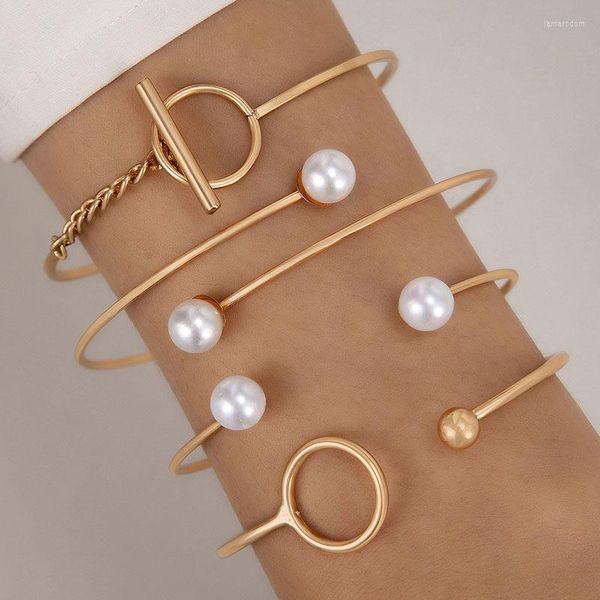 Pulseiras de link Simples Pearl Stone OT Open Bracelet Set Adequado para Acessórios Ajustados da liga geométrica de moda feminina