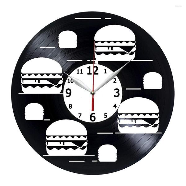 Wanduhren 2023 Hamburger Küche LP Schallplattenuhr Kinder Burger Morden Design Uhr Fast Food Beleuchtete Nachtlichtlampe