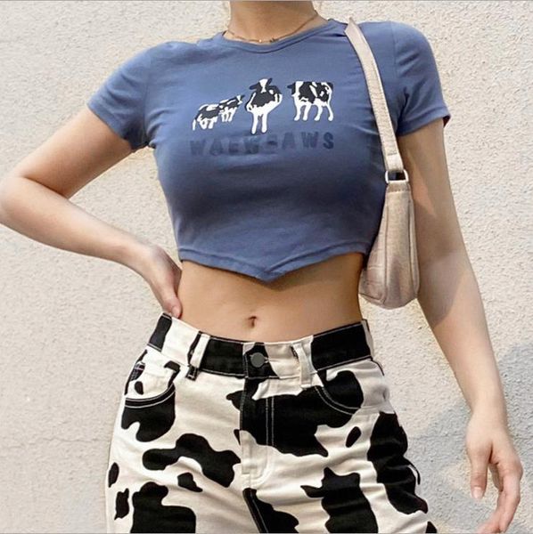 Damen-T-Shirts, Sommer-Frauen-Crop-Top, Kuh-Buchstabendruck, kurzärmeliges T-Shirt, O-Ausschnitt, T-Shirt für Damen, freiliegender Nabel, Slim-Fit-Shirt