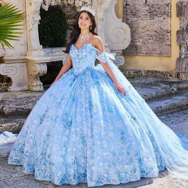 Açık mavi tatlı 16 quinceanera elbise omuz aplike pullar çiçekler boncuk prenses parti elbisesi vestidos de 15 anos
