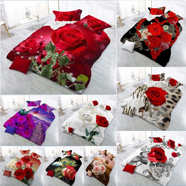 Bettwäsche-Sets 3D Rote Rose Set Leinen Blume Doppelbett Bettlaken König Bettdecke Quilt Abdeckung Bettwäsche Kissenbezug 4 teile/satz Home Textile Schönheit 230517