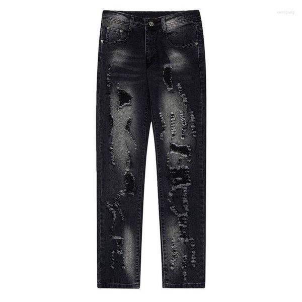 Männer Jeans 2023 Einfache Feste Farbe Punk Hip Hop Hosen Streetwear Männer Frauen Ausgestelltes Zerstört Zerrissene Schwarz Blau