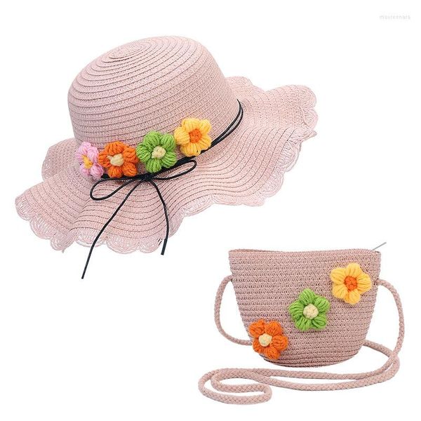 Berretti Set da 2 pezzi Neonate Fiore Cappello di paglia pieghevole e borsa a tracolla Outdoor Kids Princess Beach Protezione solare