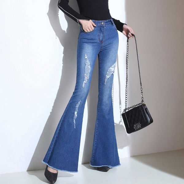 Jeans #7878 Schwarz Blau Zerrissene Jeans Frauen Mit Löchern Lässige Flare Jeans Weibliche Koreanische Mode Hohe Taille Zerstört Jeans Volle Länge
