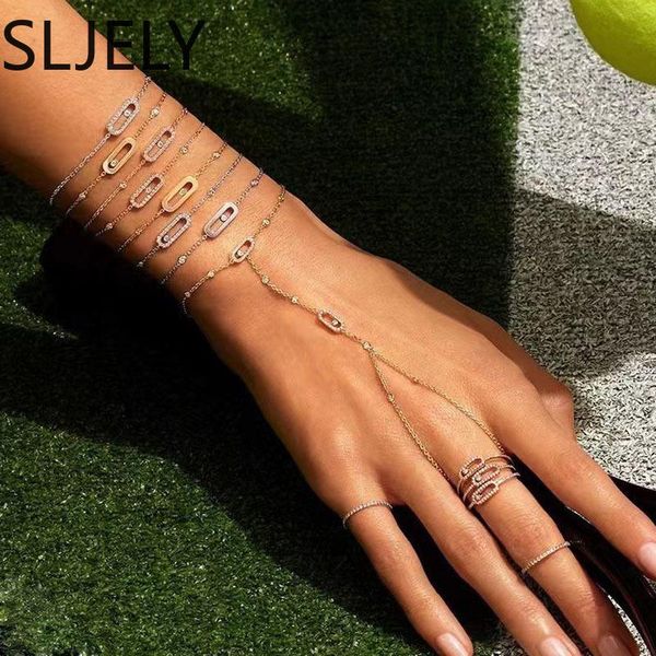 Armreif SLJELY Luxus Marke Echt 925 Sterling Silber Bewegen Stein Armband mit Aktivität Zirkon Hand Zurück Kette Frauen Mode Schmuck Geschenk