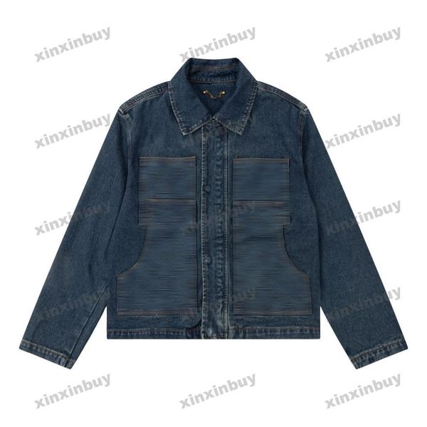 xinxinbuy Cappotto da uomo firmato Giacca con cappuccio Lettera in rilievo Set di jeans a pannelli manica lunga donna blu nero S-XL