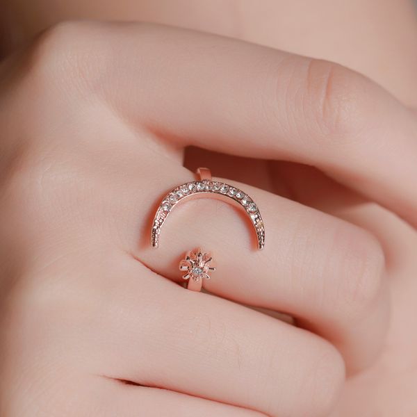Moda Silver Color Rose Gold Color Star Lua Anéis de abertura para mulheres Shine Crystal Ring Ring Flower Wedding Party Jewelry