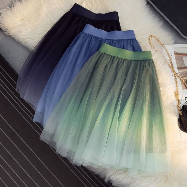 Saias femininas saia inchada gradiente saia curta elegante saia de tule plissado dança tutu saias malha a linha azul roxo verde mujer faldas 230518