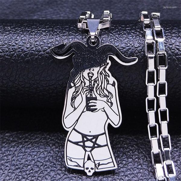 Pendentif Colliers Punk Band Femme Diable En Acier Inoxydable Collier Chaîne Hommes / Femmes Sorcière Goth Chèvre Mouton Tête Bijoux Bijoux Acier N4040