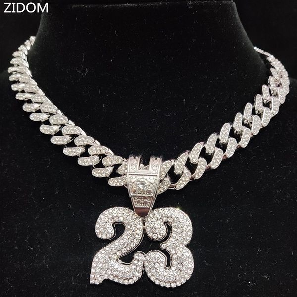 Set di gioielli da sposa Uomo Donna Hip Hop Numero 23 Collana con ciondolo con catena cubana di cristallo da 13 mm HipHop Collane ghiacciate Bling Fashion Charm 230517