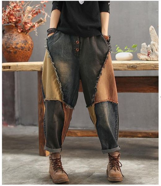 Jeans Sonbahar Koreli Moda Tasarımcısı Denim Pantolon Kadın Gevşek Kıyafet Kot Pantolonlar Vintage Punk Stil Harem Pantolon Artı Boyut