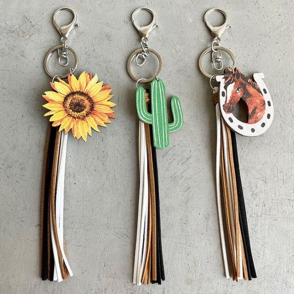 Schlüsselanhänger Holz Kaktus Sonnenblume und Kunstleder Quaste Schlüsselanhänger für Frauen Western Cowboy Cowgirl Schmuck Großhandel