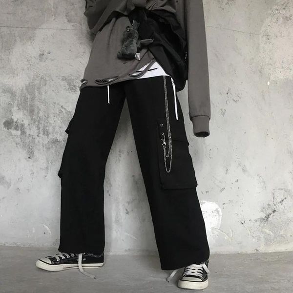 Calça masculina harajuku cargo preto homens mulheres punk streetwear moda moda casual techwearwear primavera outono vintage cadeia masculina calça masculina