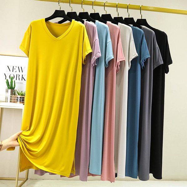 Vestidos macios viscose mulher vestido causal solto manga curta vneck lado derramado tshirt vestido moda roupas femininas